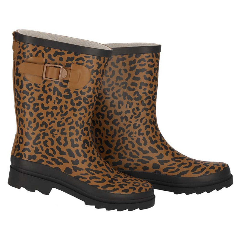 Zijaanzicht XQ luipaard regenlaarzen toont de waterdichte constructie en wilde print
