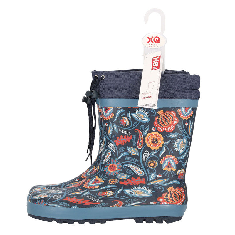 Zijaanzicht XQ paisley regenlaarzen toont de waterdichte constructie en elegante print