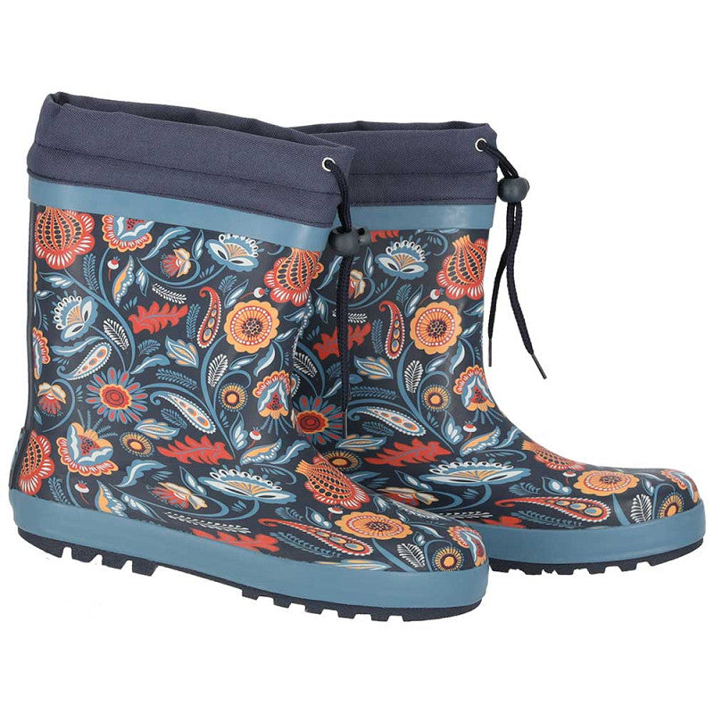 Zijaanzicht XQ paisley regenlaarzen toont de waterdichte constructie en elegante print