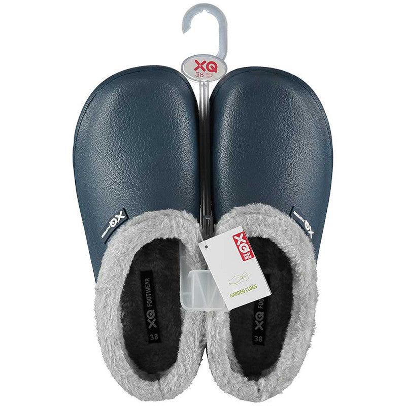 "XQ tuinklompen dames navy blauw met bontvoering, lichtgewicht instapmodel voor tuin en buitenwerk"