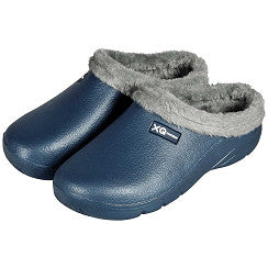 "XQ tuinklompen dames navy blauw met bontvoering, lichtgewicht instapmodel voor tuin en buitenwerk"