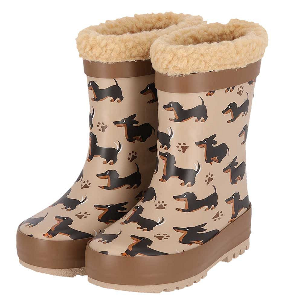 XQ kinder regenlaarzen dierenprint met voering in teckel, zijaanzicht