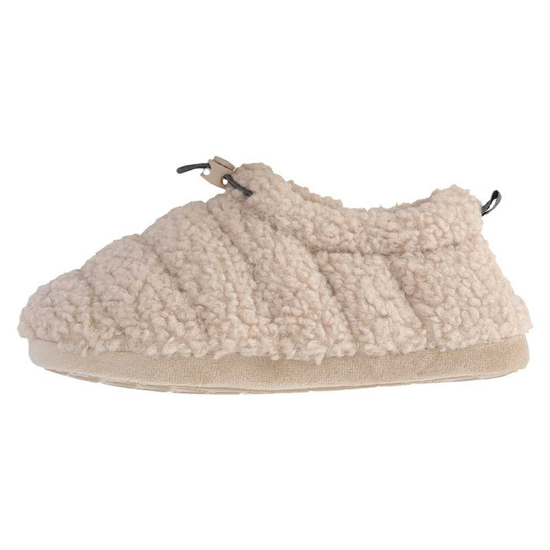 Zijaanzicht Apollo teddy huissloffen kinderen toont het warme fluffy materiaal in beige