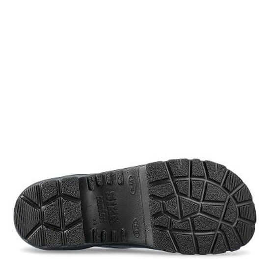 De afbeelding toont de zwarte PU-zool van een Sika 2530 dicht zwart Kruipneus, met een profiel met textuur en geometrische vormen voor grip. De merknaam en maat staan in reliëf in het midden.