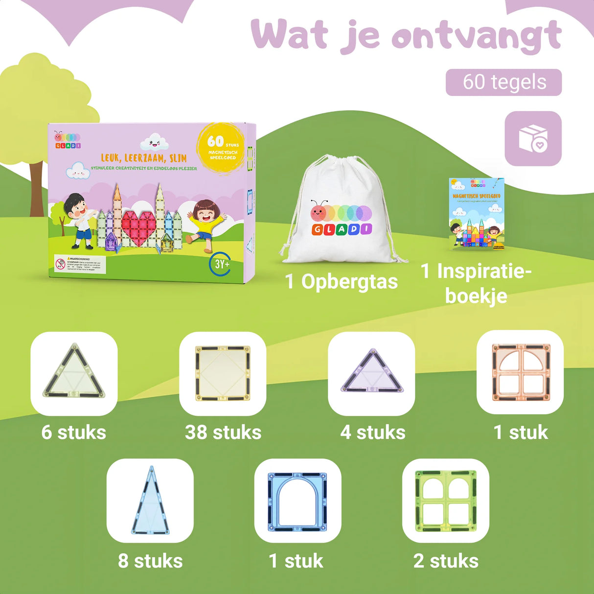 Overzicht van alle 60 magnetische tegels in zachte pastelkleuren uit Gladi Magnetic Tiles set