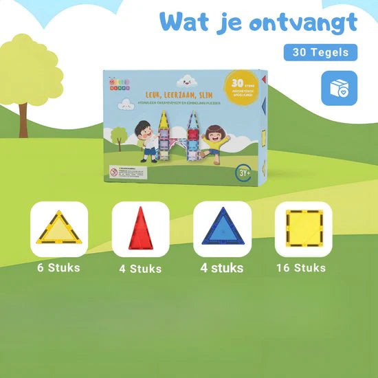 Overzicht van alle 30 magnetische tegels uit Gladi Magnetic Tiles startersset