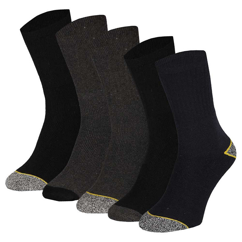 De Apollo Werksokken Heren - 5-pack Gerecycled Katoen bestaat uit vijf paar zwarte en donkergrijze sportsokken met versterkte grijze tenen en hakken plus een geel hielaccent - ideaal voor werksokken of in veiligheidsschoenen.