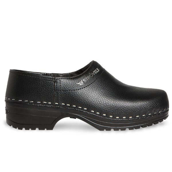 Zwarte Strovels 304 PU klompen met dichte hak en leren kap