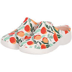 Antislip zool en zijkant van XQ dames tuinklomp met citrusvruchtenprint