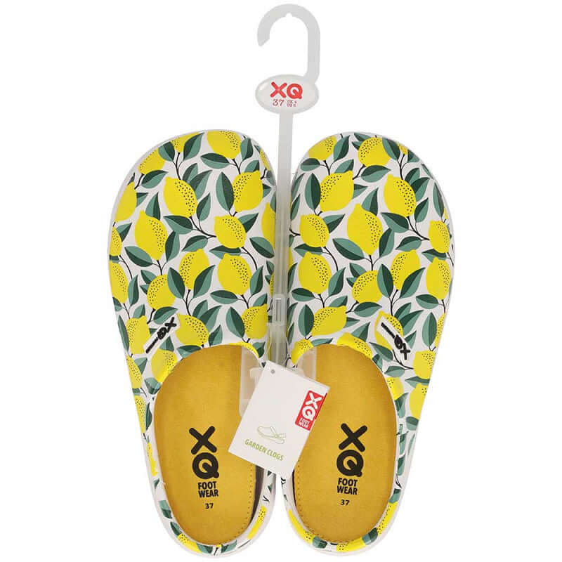 Antislip zool en zijkant van XQ dames tuinklomp met citrusvruchtenprint