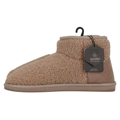 Zijaanzicht Apollo Teddy boots sloffen dames toont het warme hoge model en zachte afwerking