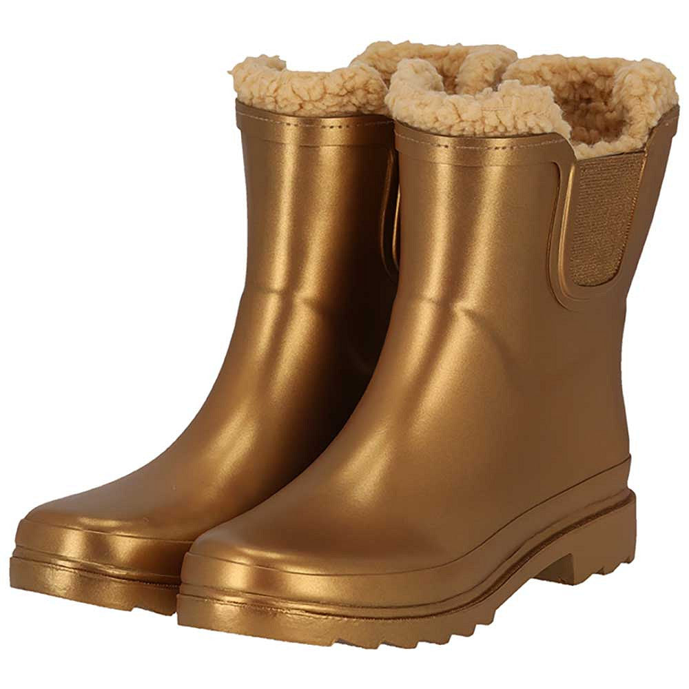 XQ dames chelsea regenlaarzen met bontje in goud metallic, zijaanzicht