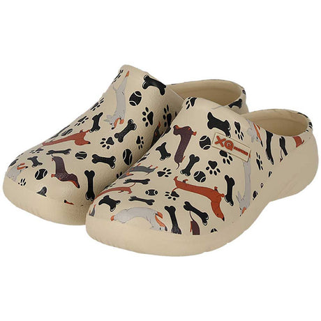 XQ dames tuinklompen met vrolijke teckel print voor hondenliefhebbers