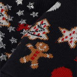 Close-up van de vrolijke kerstprint op blauwe Apollo dames x-mas sokken