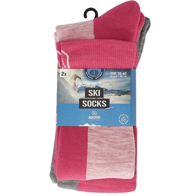 Close-up van gepolsterde zones in Apollo roze skisokken voor extra comfort