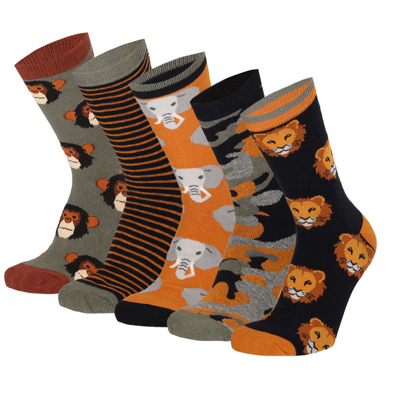 Zijaanzicht Apollo kinder safari sokken toont de comfortabele pasvorm en vrolijke designs