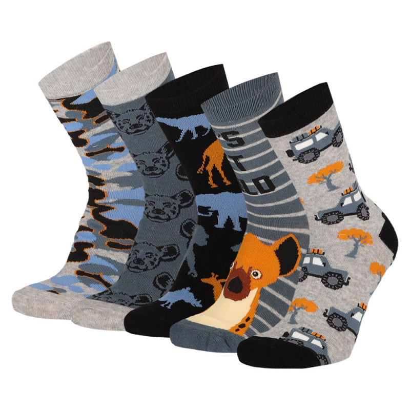 Zijaanzicht Apollo kinder safari sokken toont de comfortabele pasvorm en vrolijke designs
