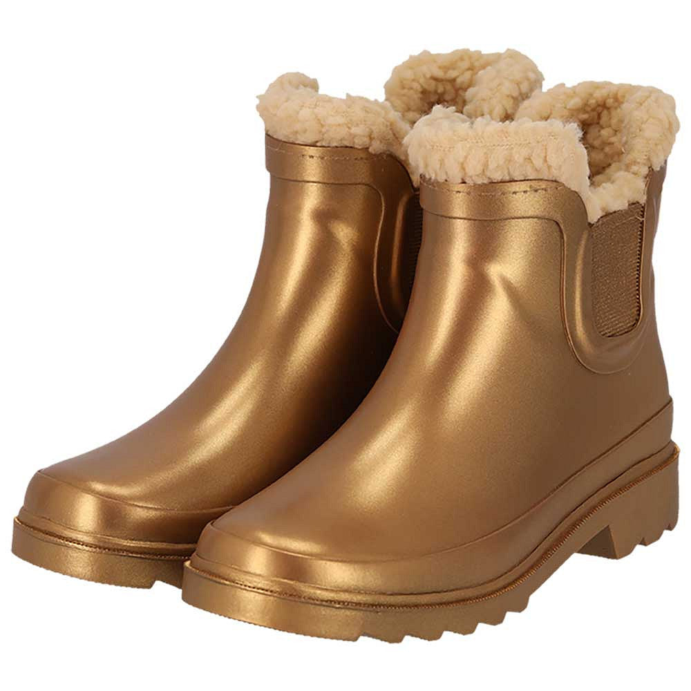 XQ kinder chelsea regenlaarzen met teddyvoering in goud metallic, zijaanzicht