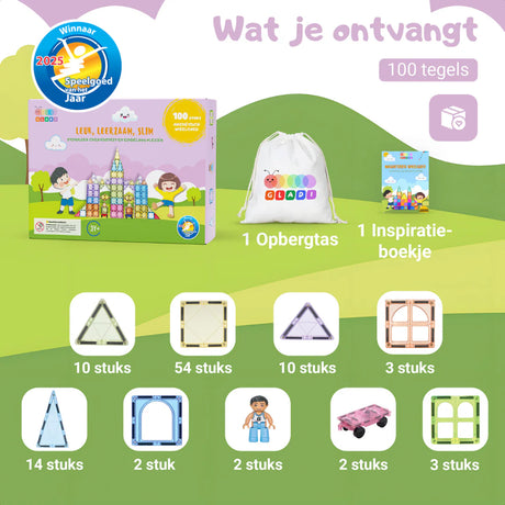 Overzicht van alle 30 magnetische tegels in zachte pastelkleuren uit Gladi Magnetic Tiles set