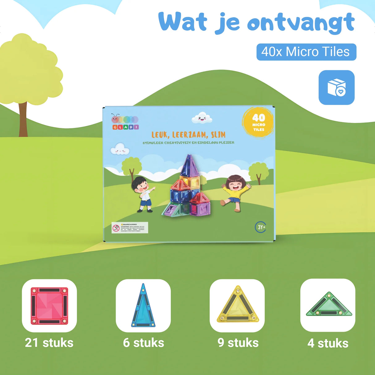 Gladi Magnetic Tiles 40-delige micro tegels set met extra kleine magnetische bouwstenen