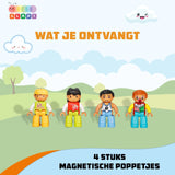 Close-up van 4 kleurrijke magnetische poppetjes compatibel met Gladi Magnetic Tiles