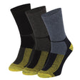 Apollo Heren Thermo werksokken 3-Pack: drie paar crew-length sokken in zwart, donkergrijs en blauwgrijs met gele accenten op tenen, hielen en voetboog. Gemaakt van een gerecyclede wolmix en naast elkaar afgebeeld op een witte achtergrond.