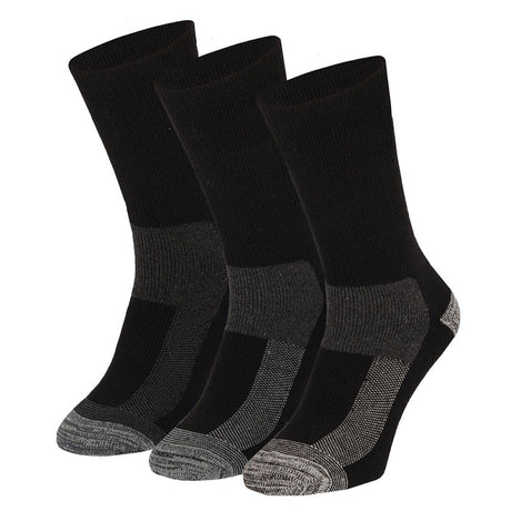 Het Apollo Heren Thermo werksokken 3-Pack bestaat uit drie paar zwarte sportsokken van een gerecyclede wolmix, met grijze hielen, tenen en voetsteun, rechtop in een rij op een witte achtergrond.