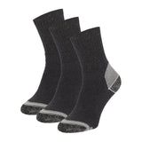 Het Apollo Heren werksokken 3-pack bestaat uit drie paar donkergrijze enkelsokken gemaakt van gerecycled katoen, met lichtgrijze hielen, tenen en een dunne streep bij de manchet. Comfortabele sokken zijn naast elkaar afgebeeld op een witte achtergrond.