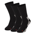 Apollo Thermo Wandelsokken Unisex - 3-pack: Drie paar zwarte wandelsokken met grijze hakken en tenen, naast elkaar afgebeeld op een witte achtergrond. Elke sok heeft een kleine rode markering bij de teen.