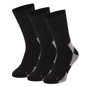 Apollo Thermo Wandelsokken Unisex - 3-pack: Drie paar zwarte wandelsokken met grijze hakken en tenen, naast elkaar afgebeeld op een witte achtergrond. Elke sok heeft een kleine rode markering bij de teen.