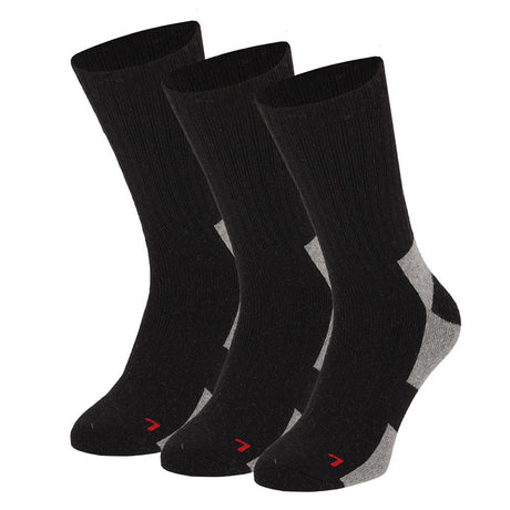 Apollo Thermo Wandelsokken Unisex - 3-pack: Drie paar zwarte wandelsokken met grijze hakken en tenen, naast elkaar afgebeeld op een witte achtergrond. Elke sok heeft een kleine rode markering bij de teen.