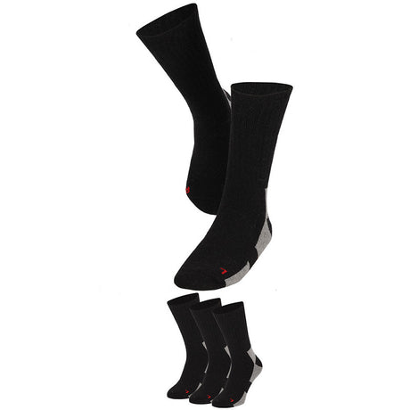 Het Apollo Thermo Wandelsokken Unisex 3-pack bestaat uit zwarte sportsokken met grijze accenten, gemaakt van een gerecyclede wolmix voor warmte en comfort. Versterkte hielen, tenen en subtiele rode details zorgen voor stijl en duurzaamheid.