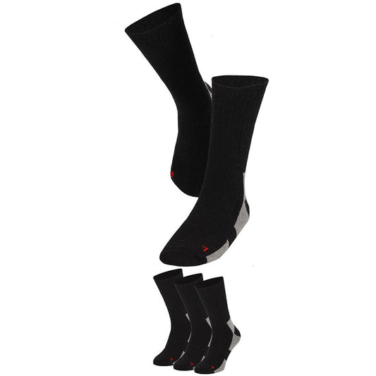 Het Apollo Thermo Wandelsokken Unisex 3-pack bestaat uit zwarte sportsokken met grijze accenten, gemaakt van een gerecyclede wolmix voor warmte en comfort. Versterkte hielen, tenen en subtiele rode details zorgen voor stijl en duurzaamheid.
