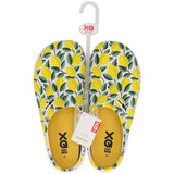 Antislip zool en zijkant van XQ dames tuinklomp met citrusvruchtenprint
